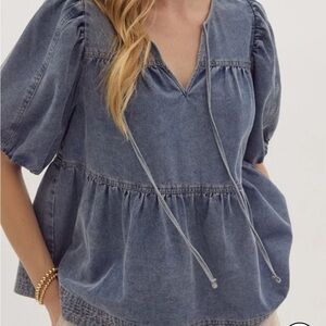 ENTRO Denim babydoll puff sleeve top